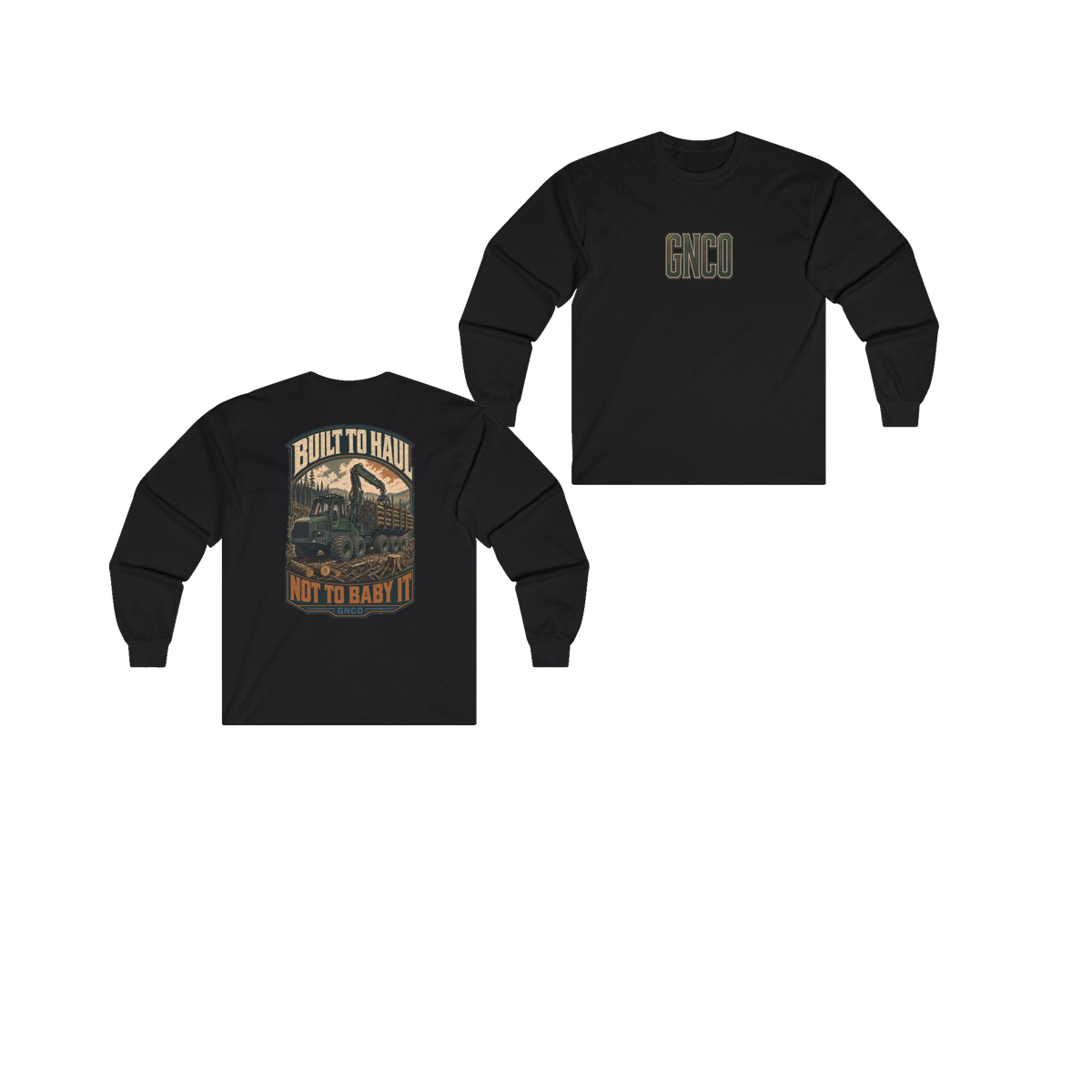 Front and back views of BUILT TO HAUL Forestry Log Forwarder Heavy Cotton Long Sleeve in Black