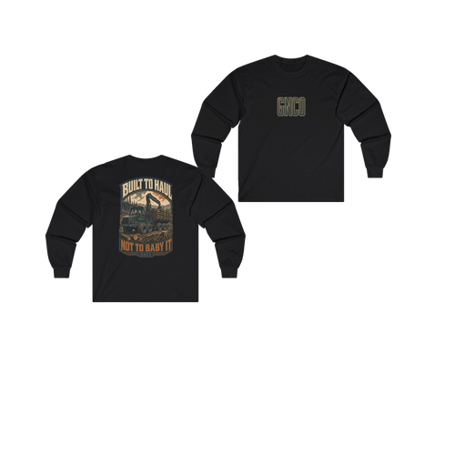 Front and back views of BUILT TO HAUL Forestry Log Forwarder Heavy Cotton Long Sleeve in Black
