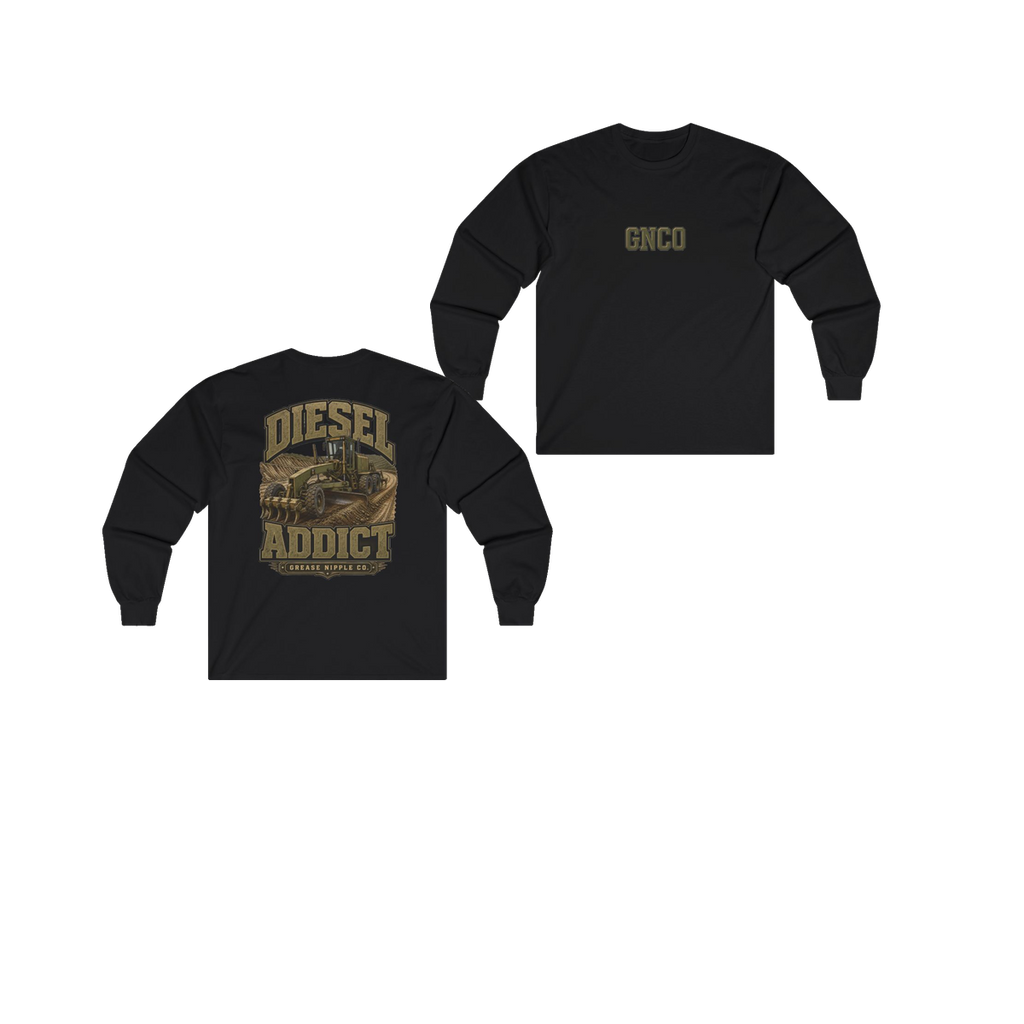 Front and back views of DIESEL ADDICT Motor Grader Heavy Cotton Long Sleeve in Black