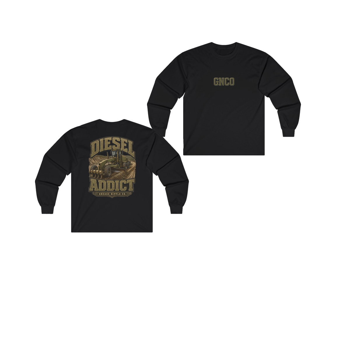 Front and back views of DIESEL ADDICT Motor Grader Heavy Cotton Long Sleeve in Black