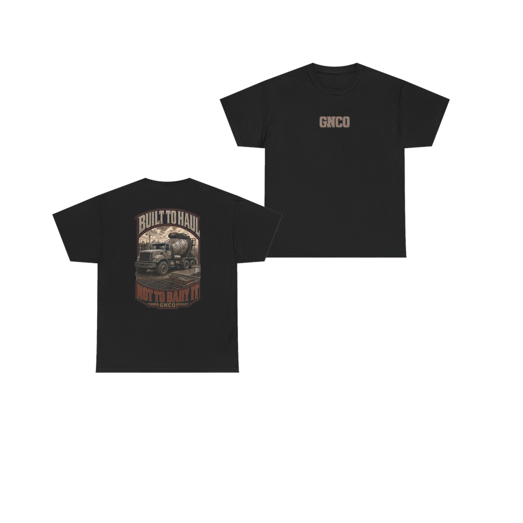 Front and back views of BUILT TO HAUL Concrete Mixer Heavy Cotton Tee in Black