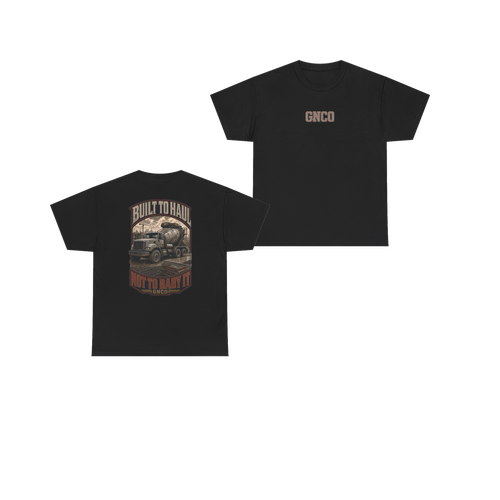 Front and back views of BUILT TO HAUL Concrete Mixer Heavy Cotton Tee in Black
