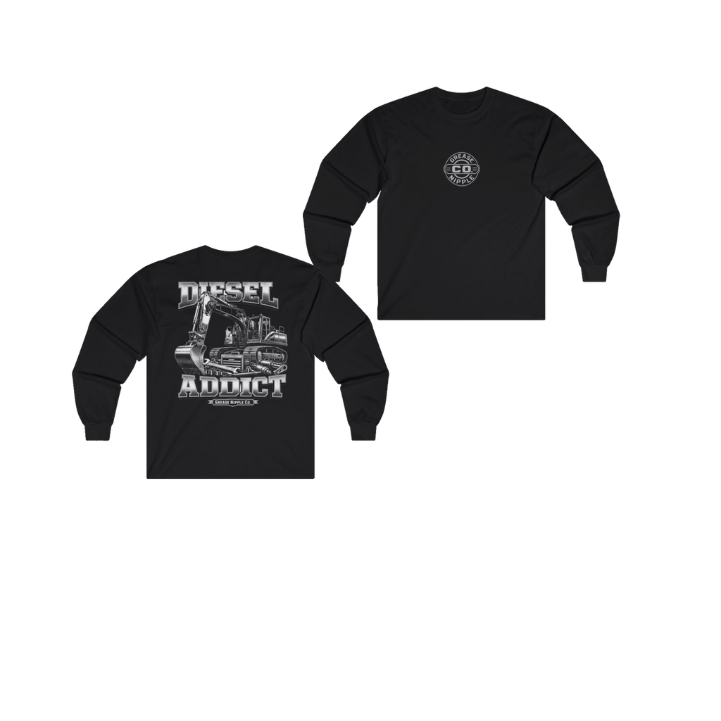 Front and back views of DIESEL ADDICT Excavator Tools Of The Trade Heavy Cotton Long Sleeve in Black