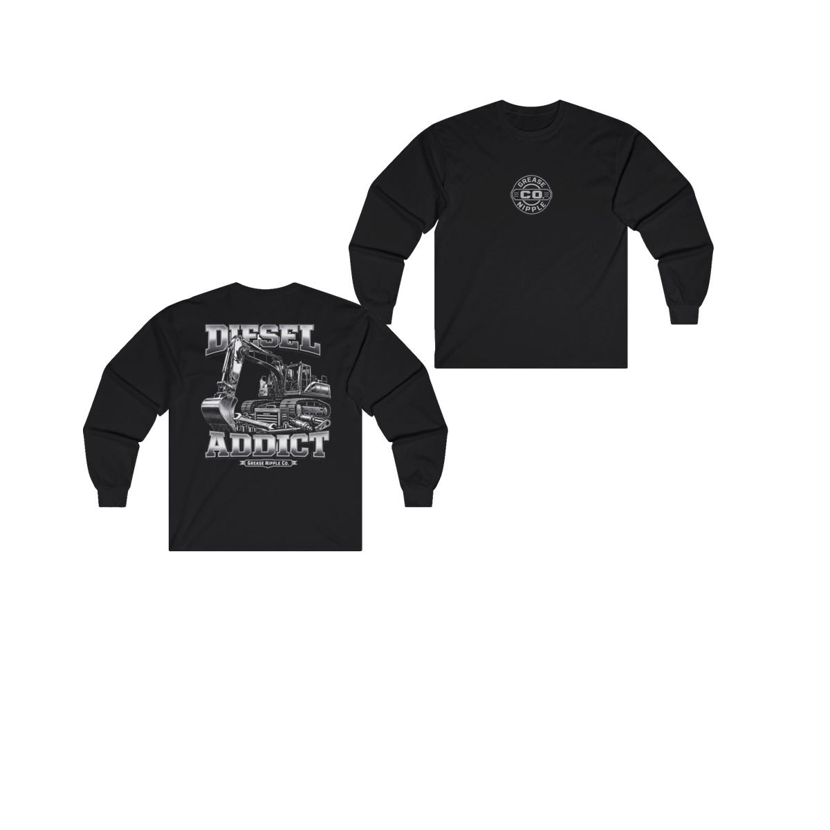 Front and back views of DIESEL ADDICT Excavator Tools Of The Trade Heavy Cotton Long Sleeve in Black