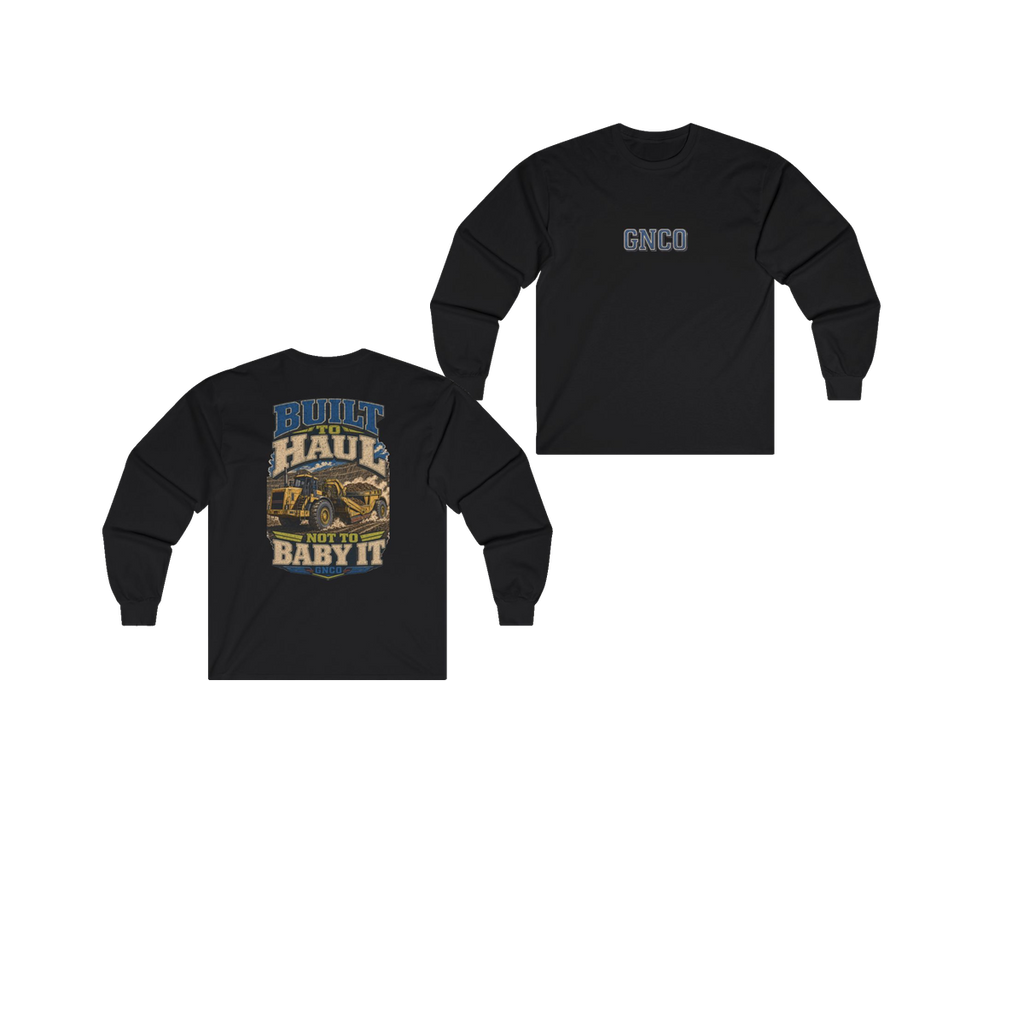 Front and back views of BUILT TO HAUL Wheel Tractor-Scraper Heavy Cotton Long Sleeve in Black