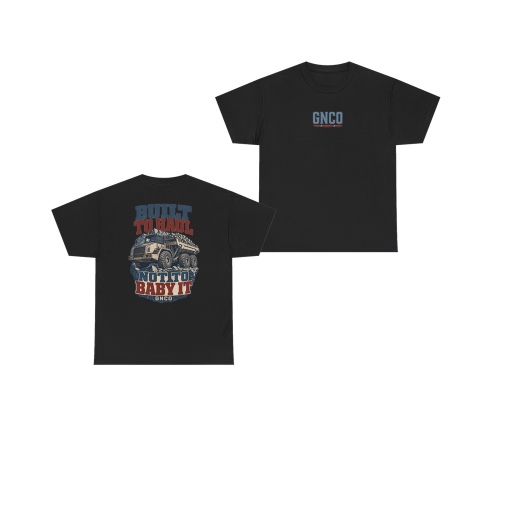 Front and back views of BUILT TO HAUL Articulated Quarry Hauler Heavy Cotton Tee in Black