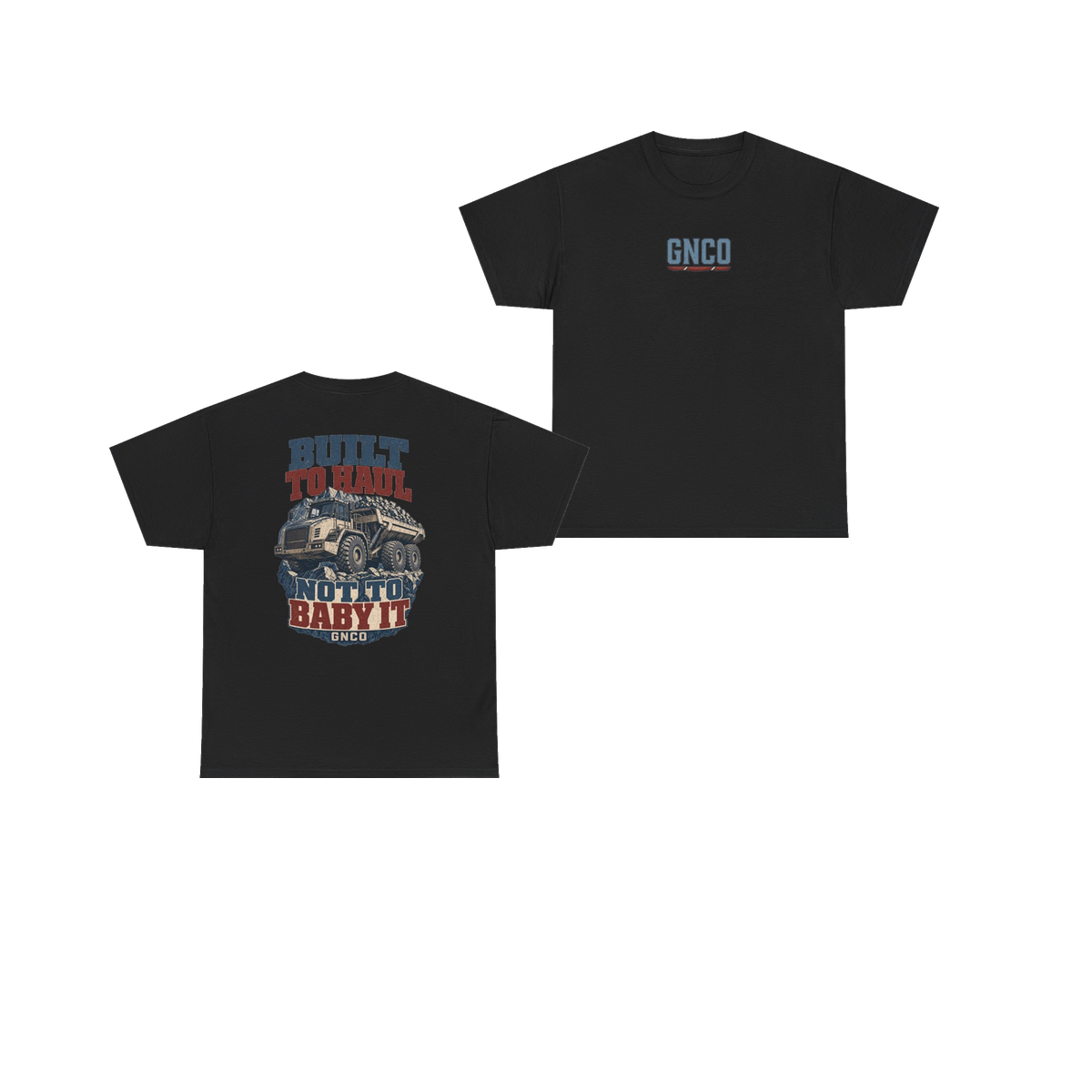 Front and back views of BUILT TO HAUL Articulated Quarry Hauler Heavy Cotton Tee in Black