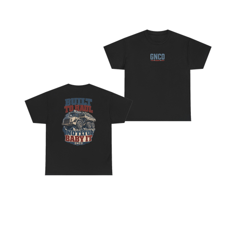 Front and back views of BUILT TO HAUL Articulated Quarry Hauler Heavy Cotton Tee in Black