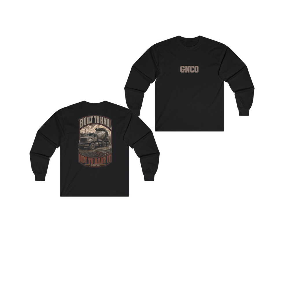 Front and back views of BUILT TO HAUL Concrete Mixer Heavy Cotton Long Sleeve in Black