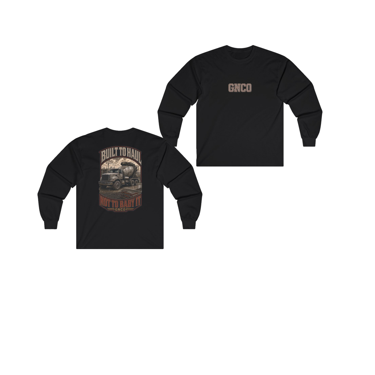 Front and back views of BUILT TO HAUL Concrete Mixer Heavy Cotton Long Sleeve in Black