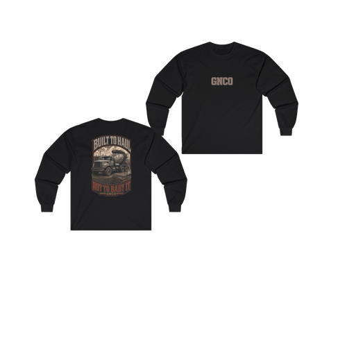 Front and back views of BUILT TO HAUL Concrete Mixer Heavy Cotton Long Sleeve in Black