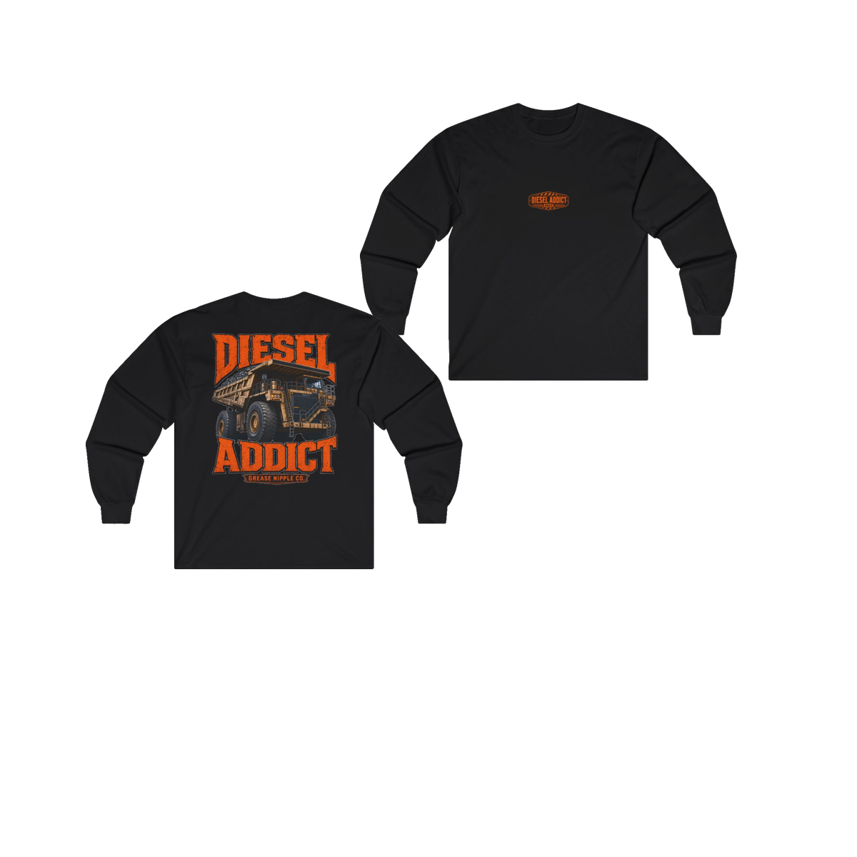 Front and back views of DIESEL ADDICT Quarry Haul Truck Heavy Cotton Long Sleeve in Black