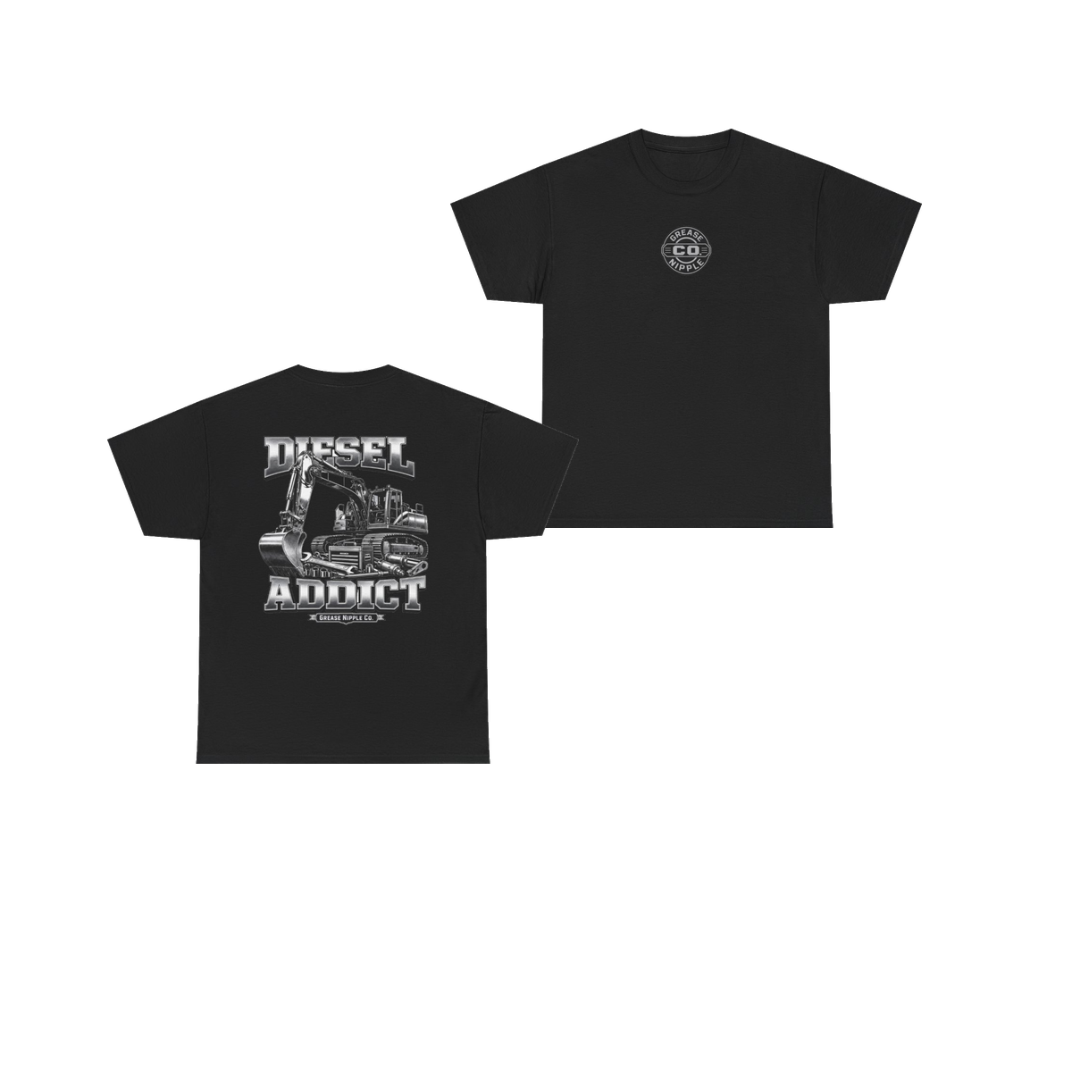 Front and back views of DIESEL ADDICT Excavator Tools Of The Trade Heavy Cotton Tee in Black