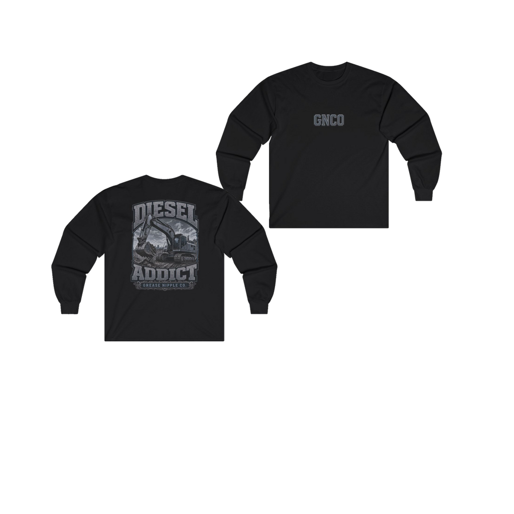 Front and back views of DIESEL ADDICT Excavator Heavy Cotton Long Sleeve in Black