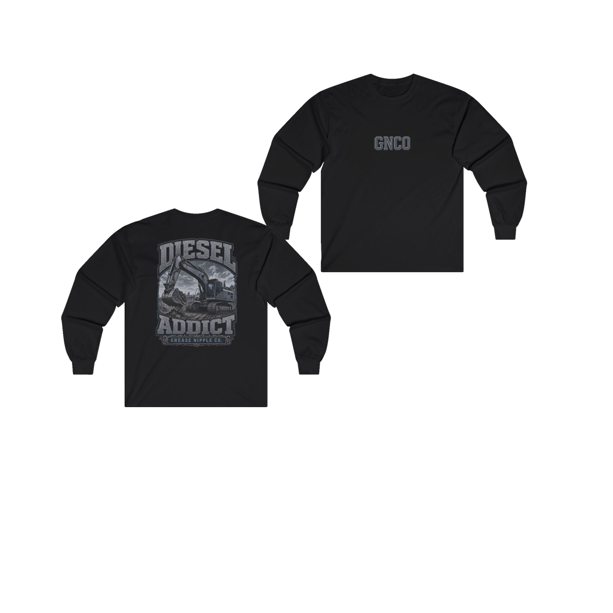 Front and back views of DIESEL ADDICT Excavator Heavy Cotton Long Sleeve in Black