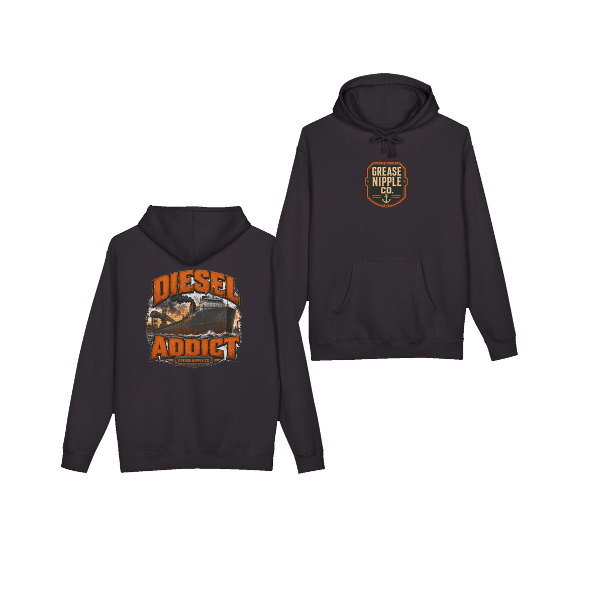 Front and back views of DIESEL ADDICT™ Lake Freighter Hoodie in Black