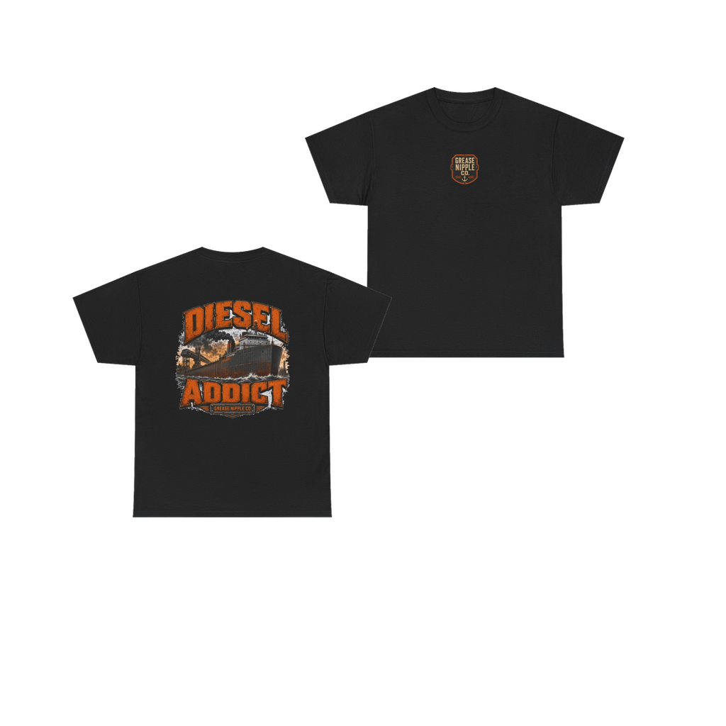 Front and back views of DIESEL ADDICT Lake Freighter Heavy Cotton Tee in Black