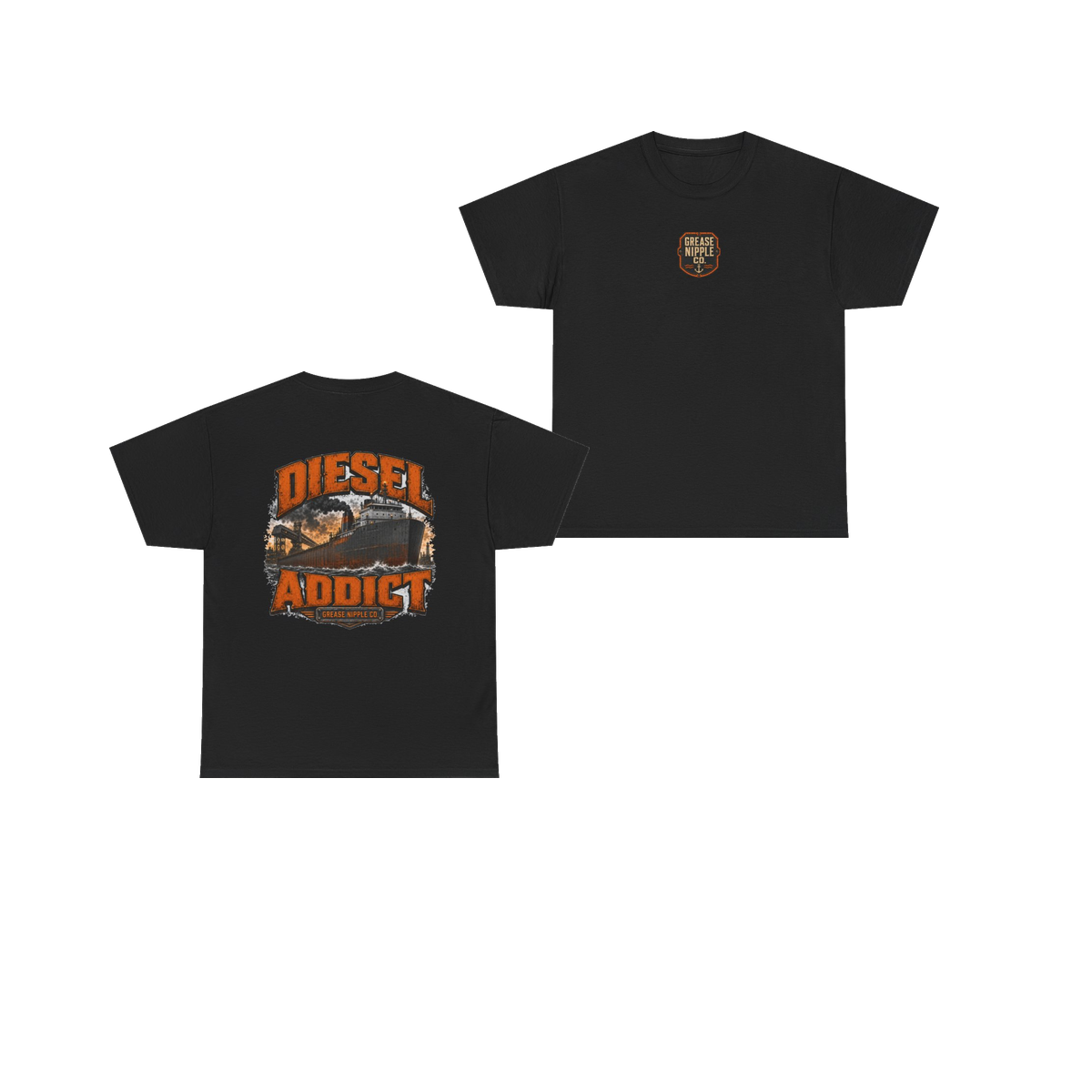 Front and back views of DIESEL ADDICT Lake Freighter Heavy Cotton Tee in Black