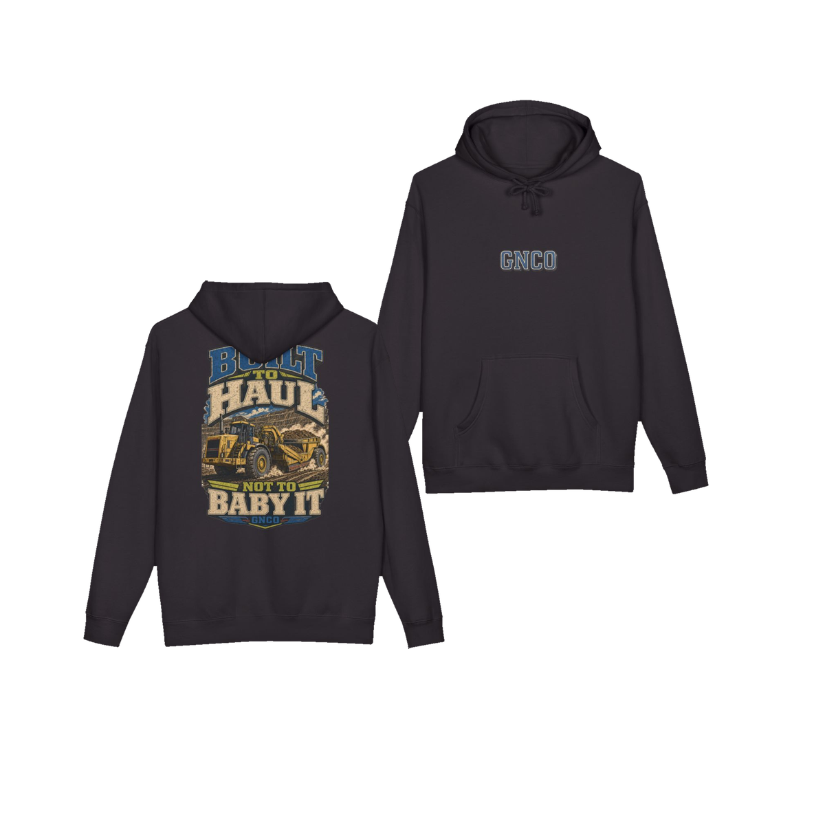 Front and back views of BUILT TO HAUL™ Wheel Tractor-Scraper Hoodie in Black