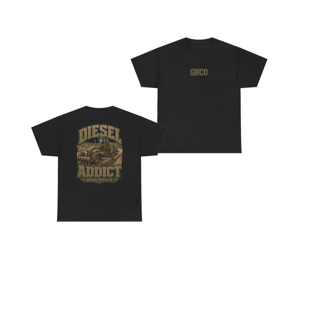 Front and back views of DIESEL ADDICT Motor Grader Heavy Cotton Tee in Black