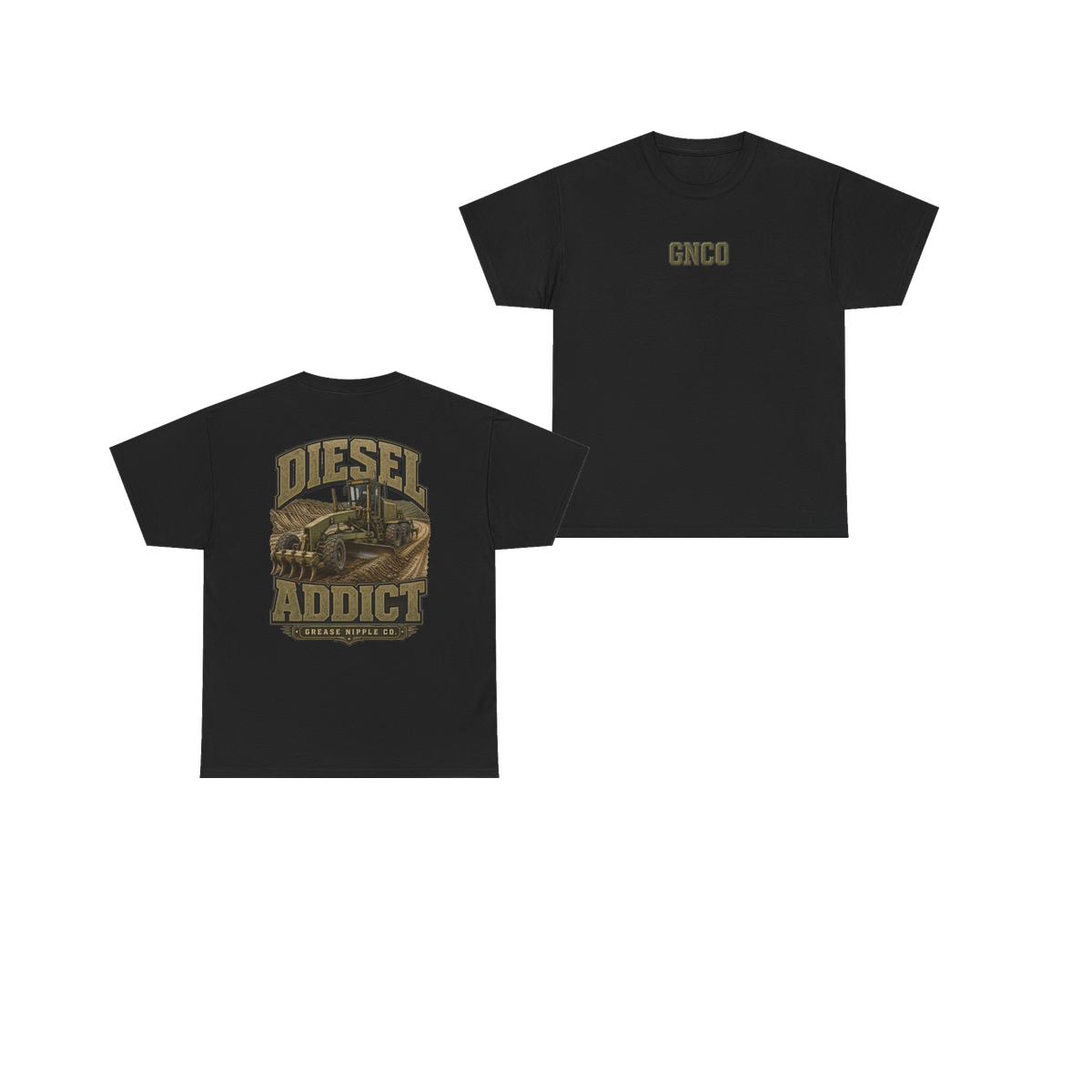 Front and back views of DIESEL ADDICT Motor Grader Heavy Cotton Tee in Black