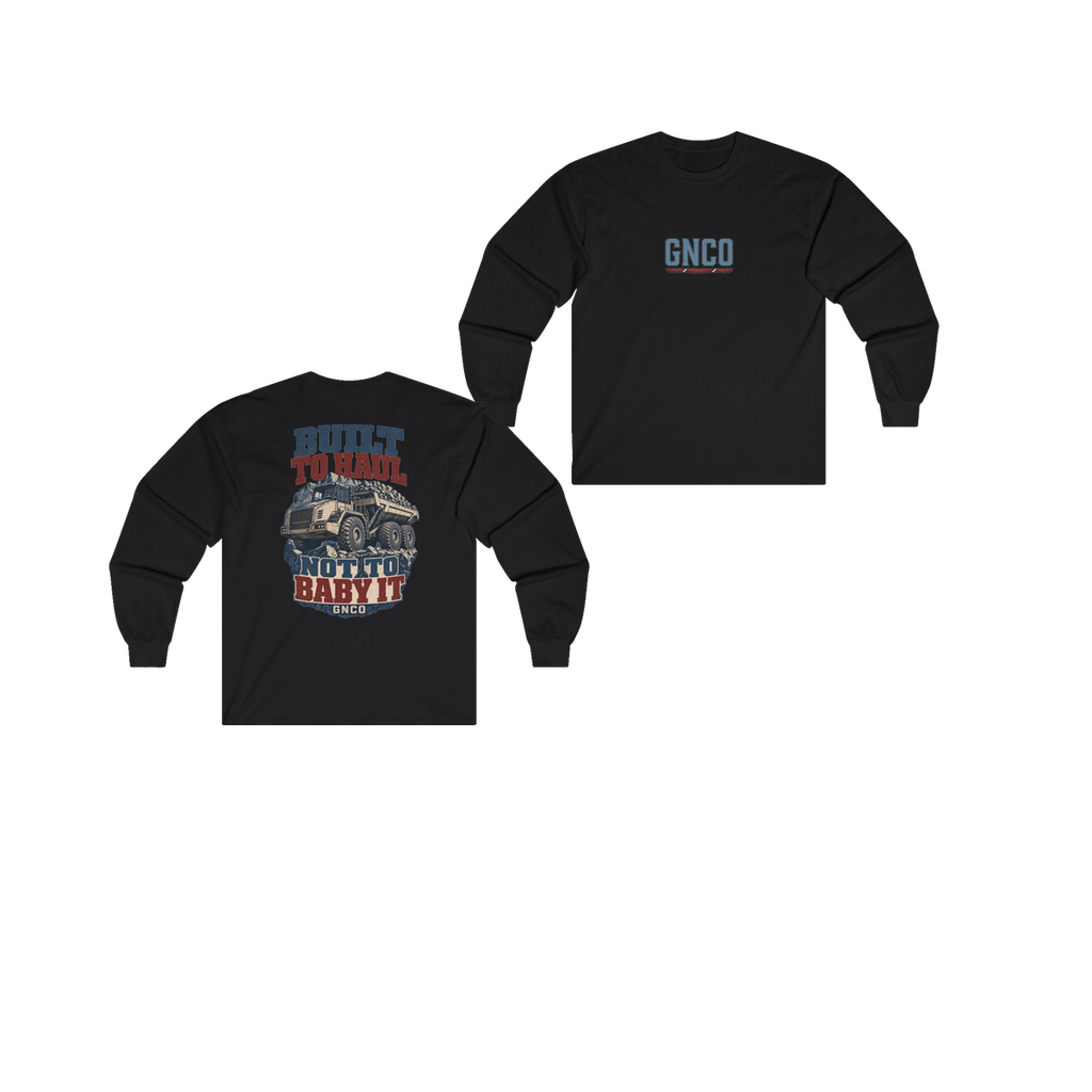 Front and back views of BUILT TO HAUL Articulated Quarry Hauler Heavy Cotton Long Sleeve in Black