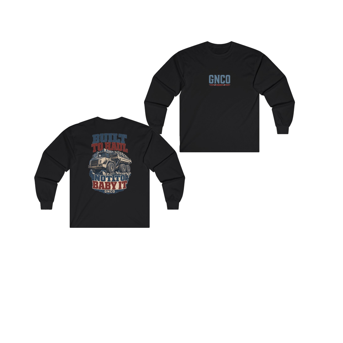 Front and back views of BUILT TO HAUL Articulated Quarry Hauler Heavy Cotton Long Sleeve in Black