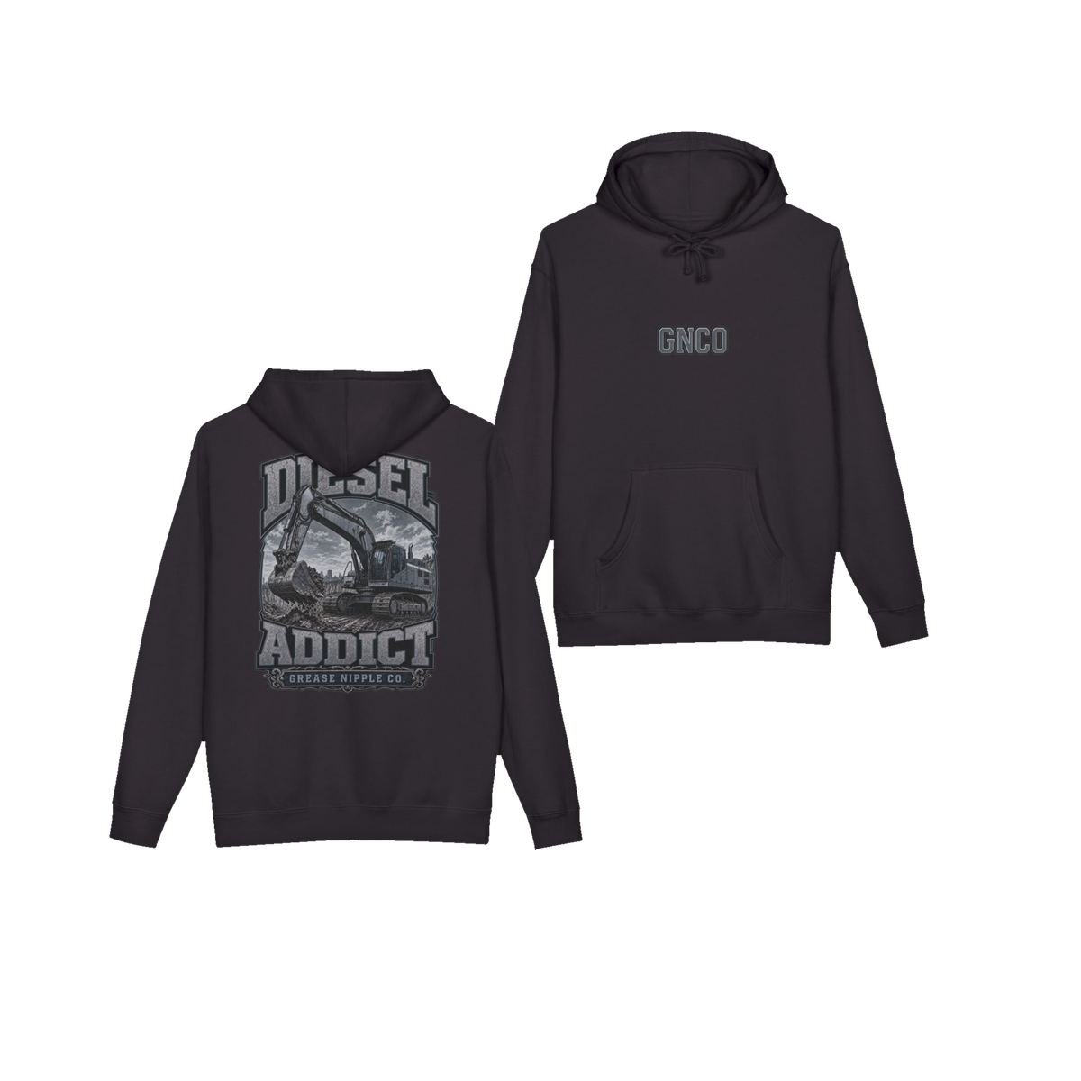 Front and back views of DIESEL ADDICT™ Excavator Hoodie in Black