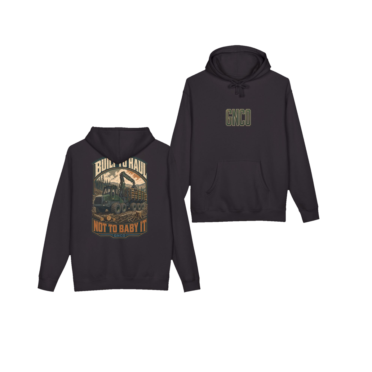 Front and back views of BUILT TO HAUL™ Forestry Log Forwarder Hoodie in Black