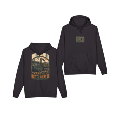 Front and back views of BUILT TO HAUL™ Forestry Log Forwarder Hoodie in Black