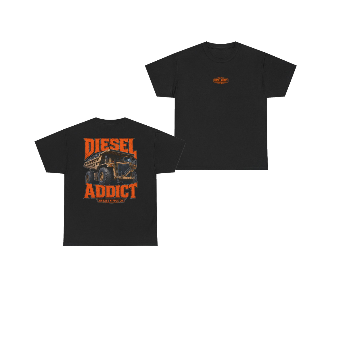 Front and back views of DIESEL ADDICT Quarry Haul Truck Heavy Cotton Tee in Black