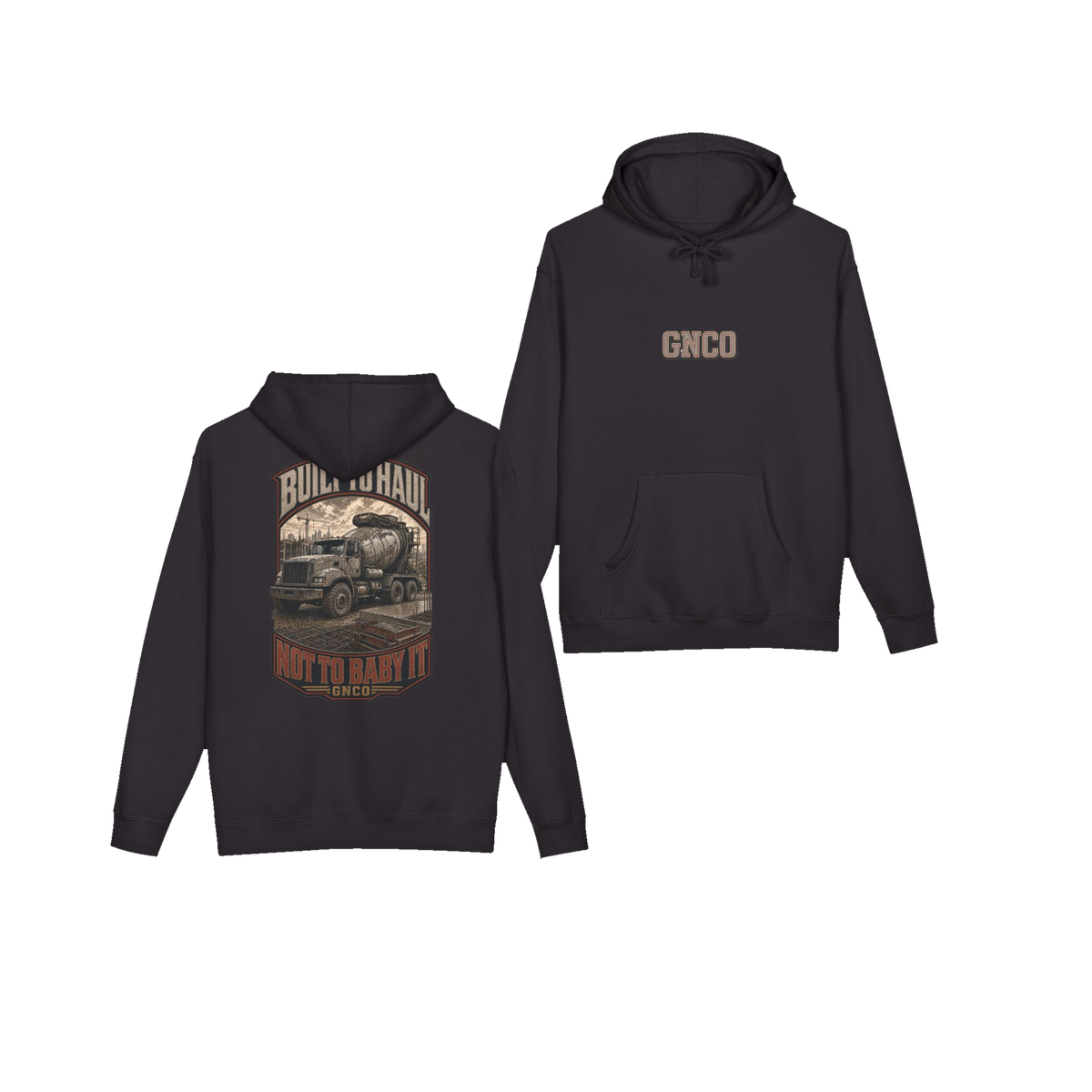 Front and back views of BUILT TO HAUL™ Concrete Mixer Hoodie in Black