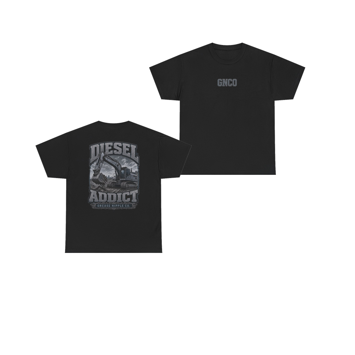 Front and back views of DIESEL ADDICT Excavator Heavy Cotton Tee in Black