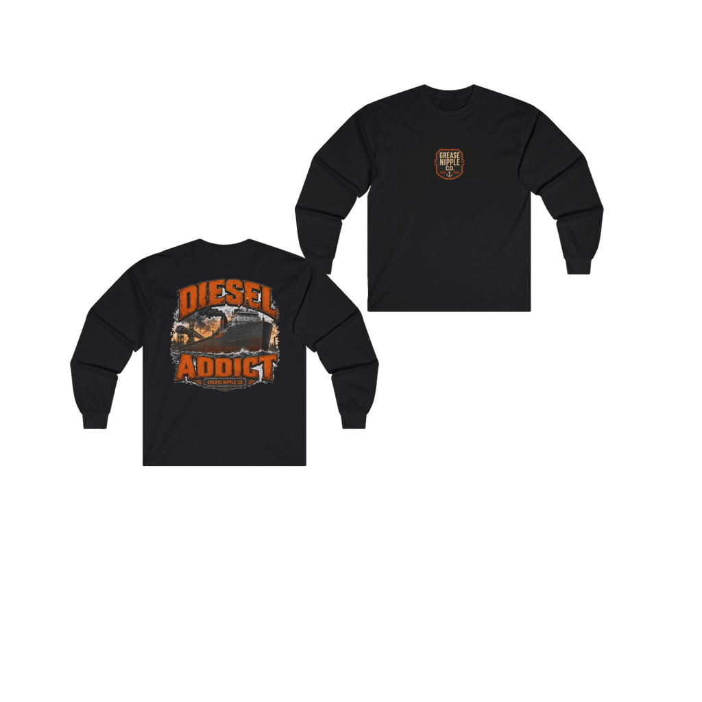 Front and back views of DIESEL ADDICT Lake Freighter Heavy Cotton Long Sleeve in Black