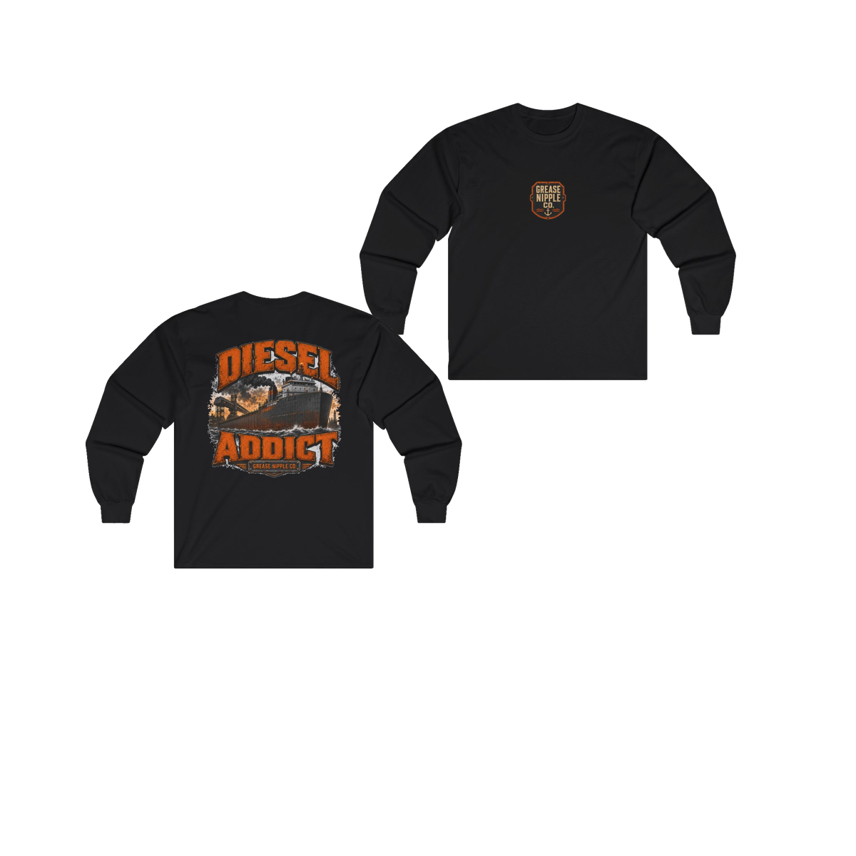 Front and back views of DIESEL ADDICT Lake Freighter Heavy Cotton Long Sleeve in Black