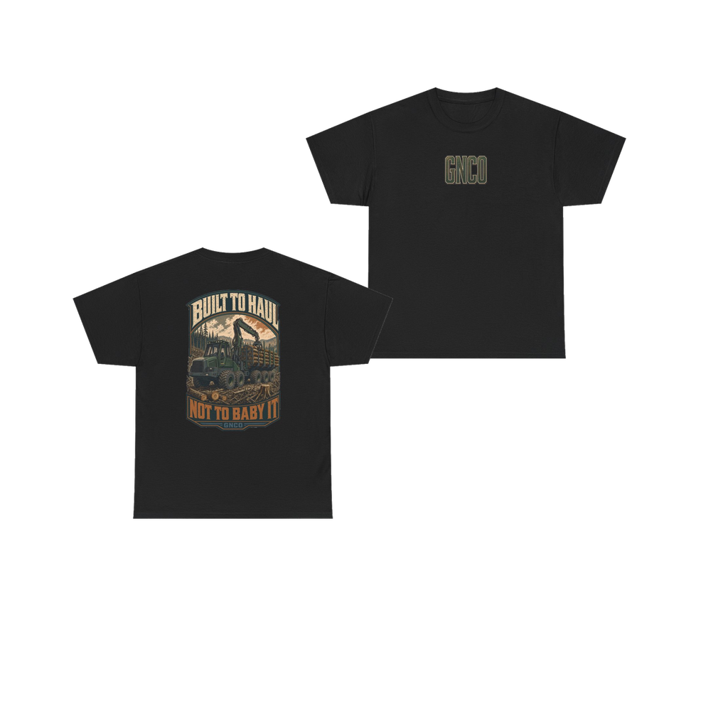 Front and back views of BUILT TO HAUL Forestry Log Forwarder Heavy Cotton Tee in Black