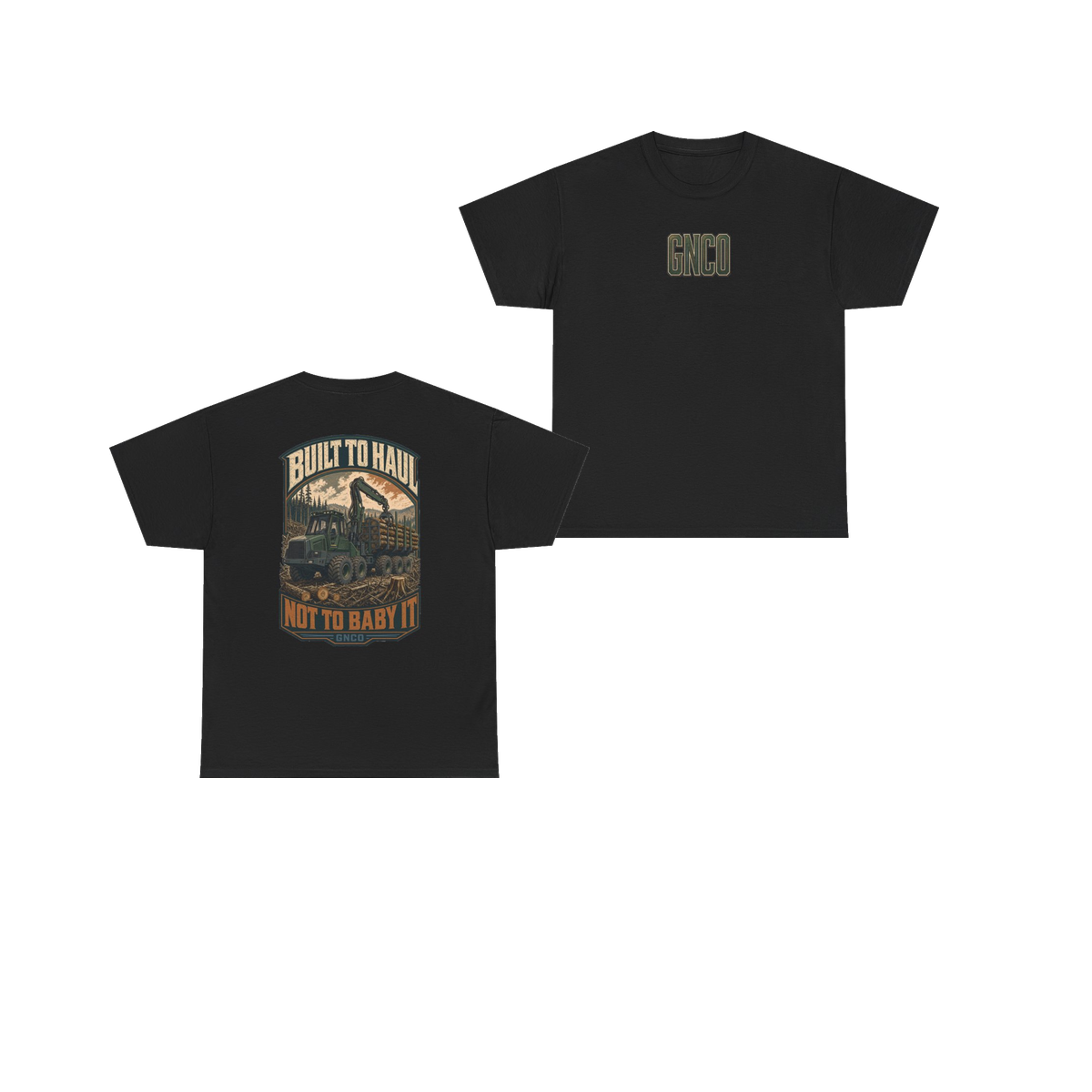 Front and back views of BUILT TO HAUL Forestry Log Forwarder Heavy Cotton Tee in Black