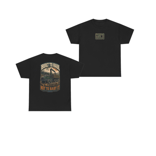 Front and back views of BUILT TO HAUL Forestry Log Forwarder Heavy Cotton Tee in Black