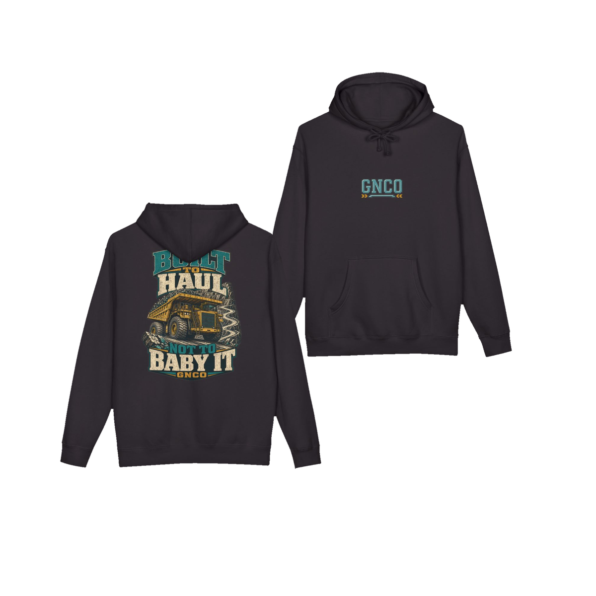 Front and back views of BUILT TO HAUL™ Mining Haul Truck Hoodie in Black