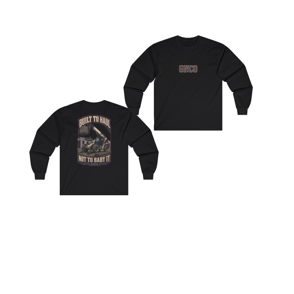 Front and back views of BUILT TO HAUL Telehandler Heavy Cotton Long Sleeve in Black
