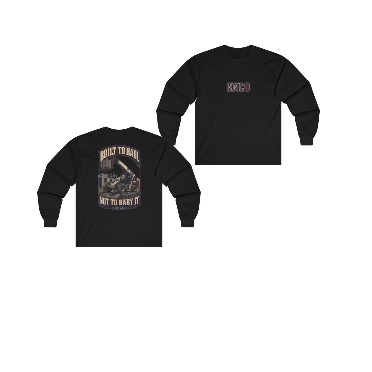 Front and back views of BUILT TO HAUL Telehandler Heavy Cotton Long Sleeve in Black