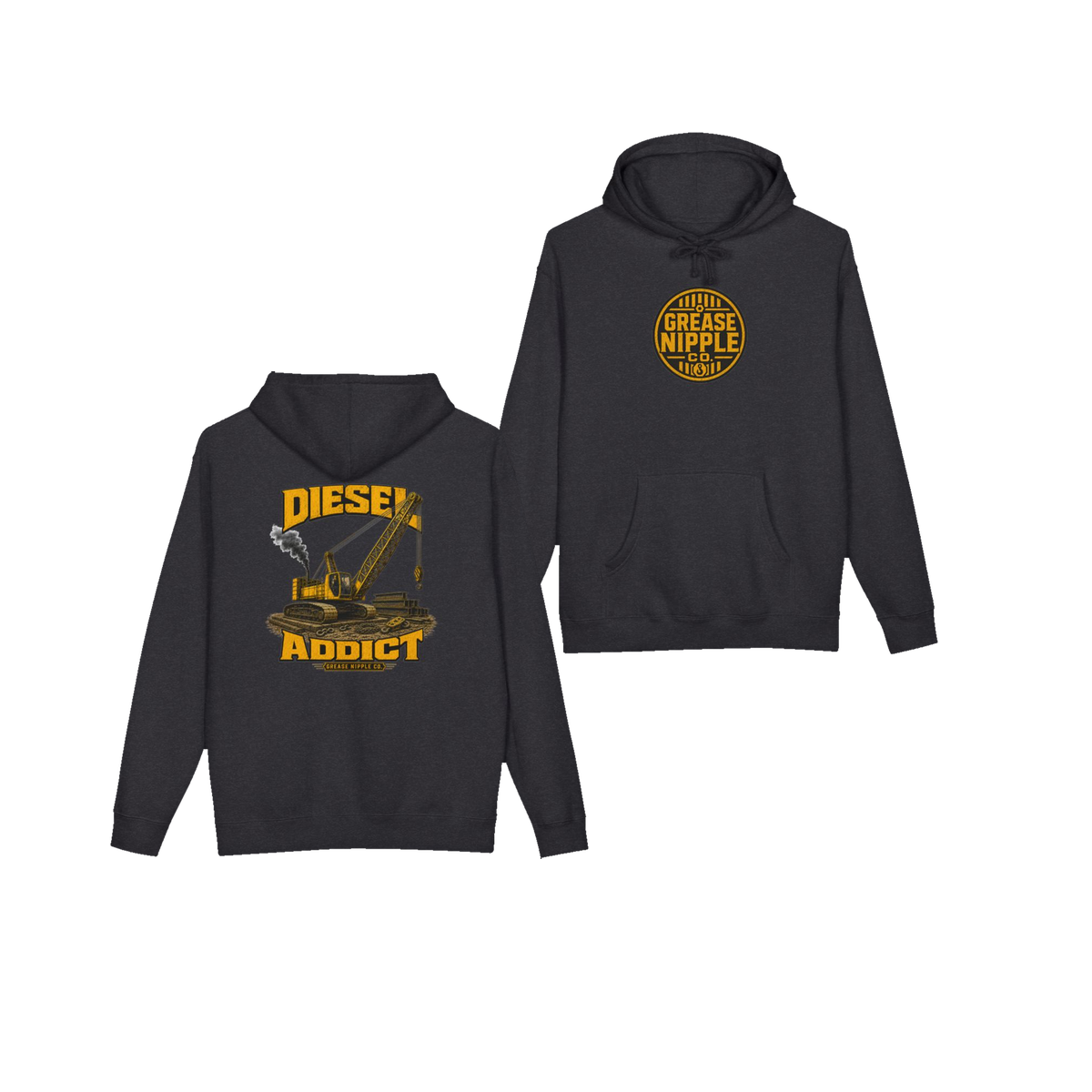 Front and back views of DIESEL ADDICT™ Crawler Crane Hoodie in Charcoal Heather