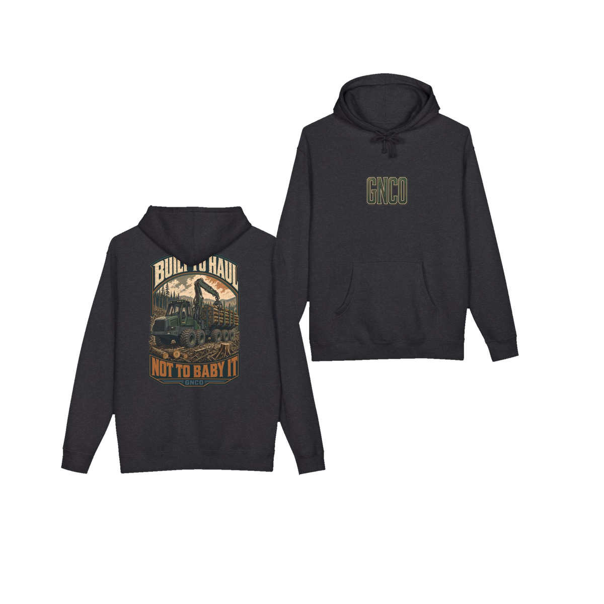 Front and back views of BUILT TO HAUL™ Forestry Log Forwarder Hoodie in Charcoal Heather