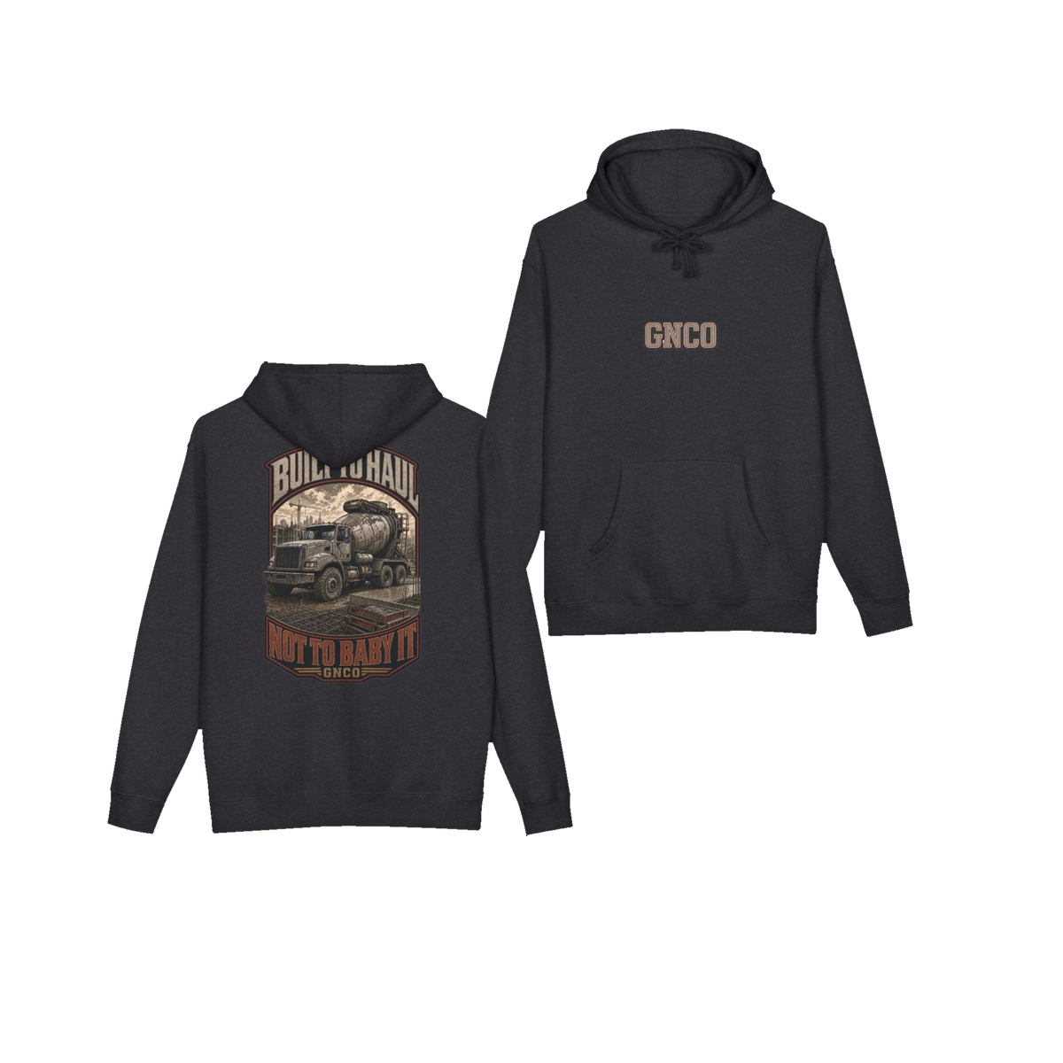 Front and back views of BUILT TO HAUL™ Concrete Mixer Hoodie in Charcoal Heather
