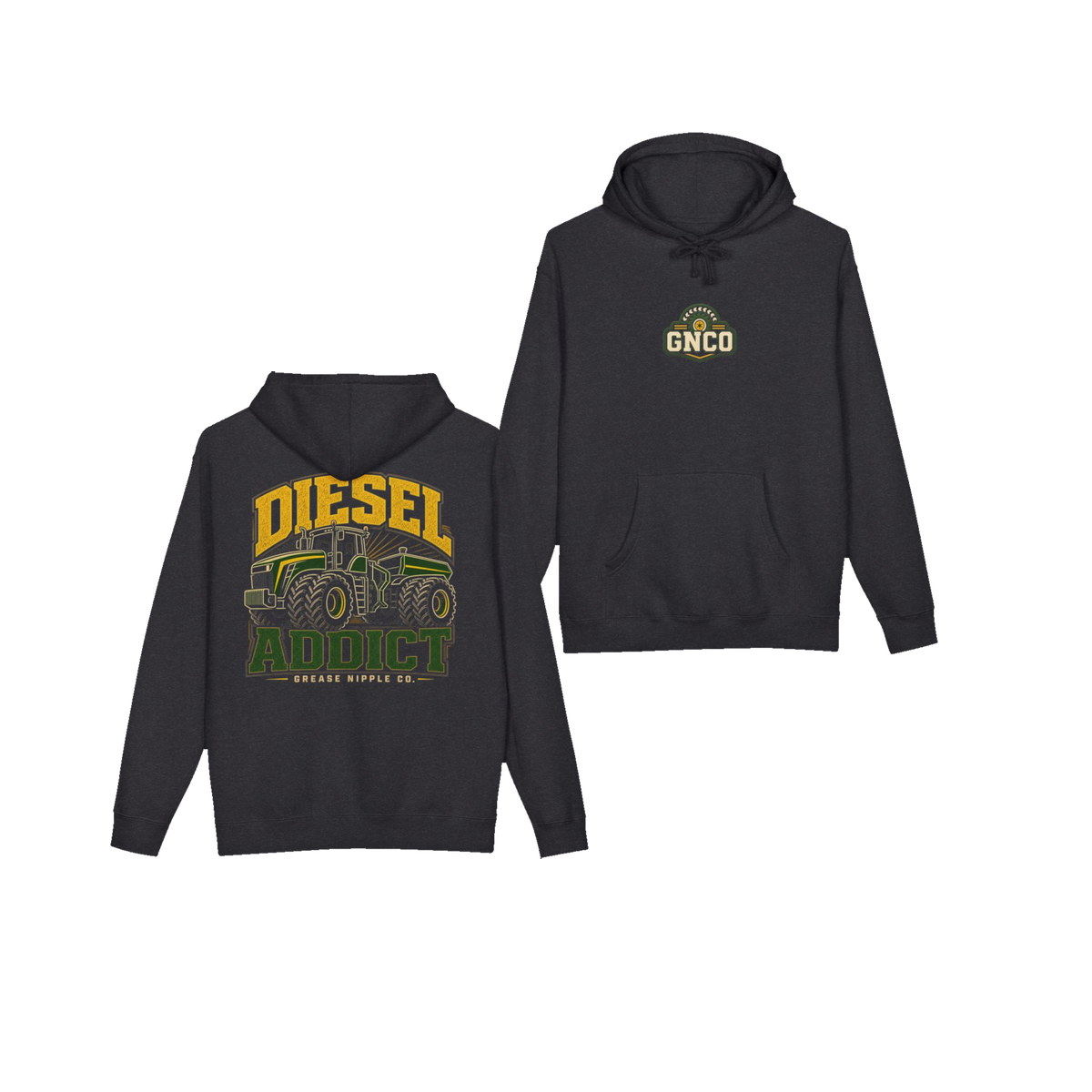 Front and back views of DIESEL ADDICT™ Articulated Tractor Hoodie in Charcoal Heather