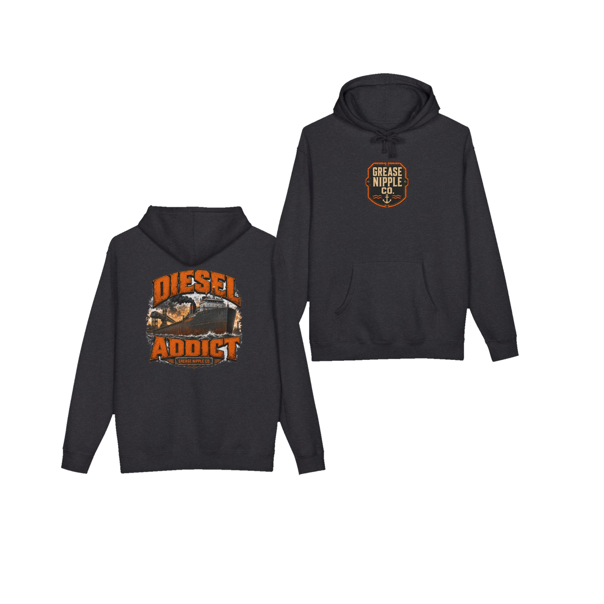Front and back views of DIESEL ADDICT™ Lake Freighter Hoodie in Charcoal Heather