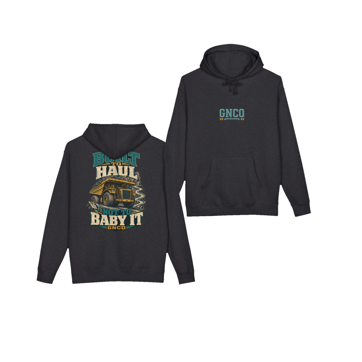 Front and back views of BUILT TO HAUL™ Mining Haul Truck Hoodie in Charcoal Heather