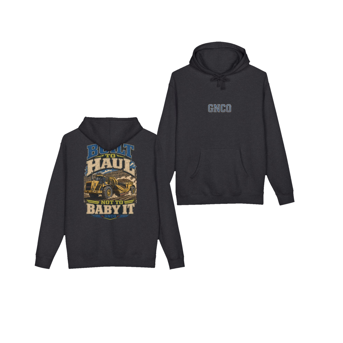 Front and back views of BUILT TO HAUL™ Wheel Tractor-Scraper Hoodie in Charcoal Heather