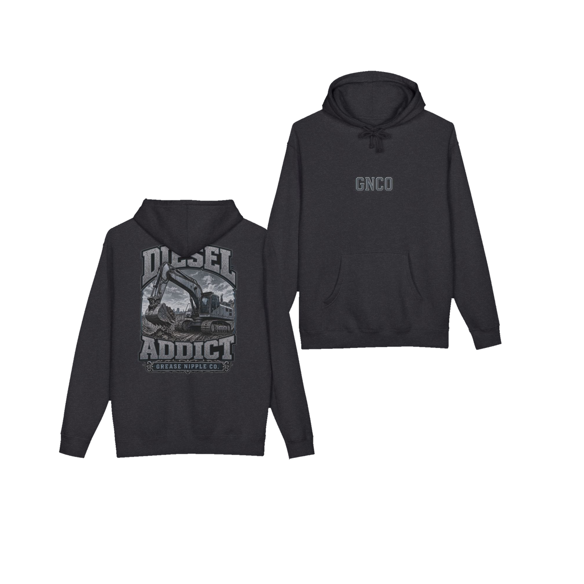 Front and back views of DIESEL ADDICT™ Excavator Hoodie in Charcoal Heather