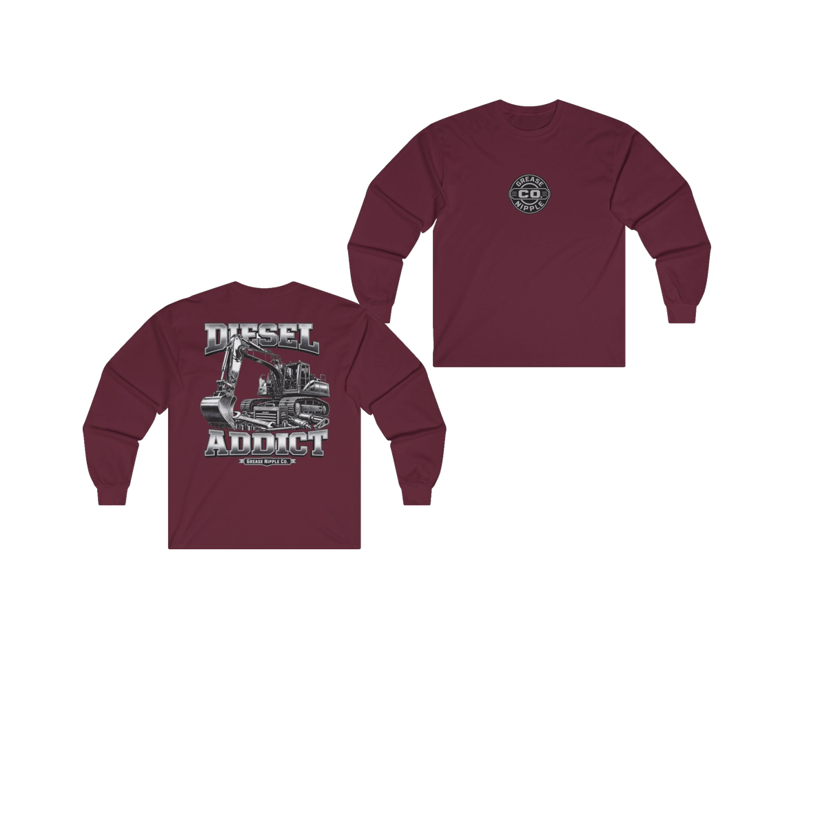 Front and back views of DIESEL ADDICT Excavator Tools Of The Trade Heavy Cotton Long Sleeve in Maroon